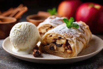 Apple Strudel topped with vanilla ice cream an indulgent dessert featuring apple slices raisins palm sugar and cinnamon