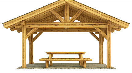 Wooden pavilion with picnic tables in a park area isolated on white background photo front view variation high detail texture ultra detail midshot