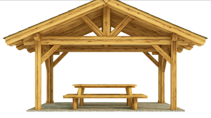 Wooden pavilion with picnic tables in a park area isolated on white background photo front view variation high detail texture ultra detail midshot