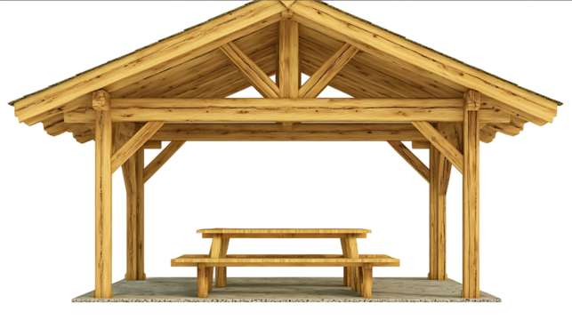 Wooden pavilion with picnic tables in a park area isolated on white background photo front view variation high detail texture ultra detail midshot