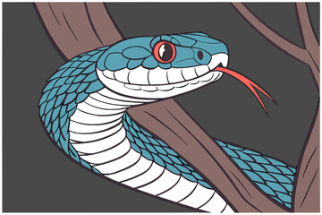 Vibrant green and blue viper snake perched on a branch with a forked tongue