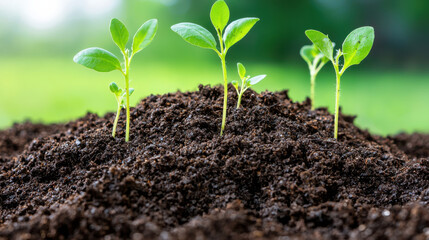 Naklejka premium Fresh green seedlings emerge from rich, dark soil and fertilizer manure, symbolizing growth and renewal