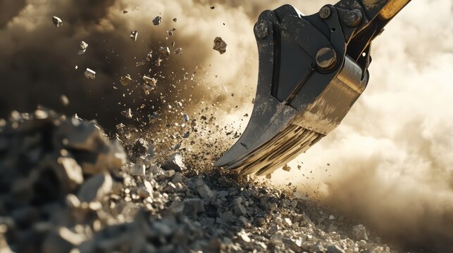 Shovel digging dark soil dust cloud