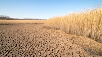 Cracked Earth Meets Tall Grass in an Arid Landscape Under Clear Sky © rajagambar99