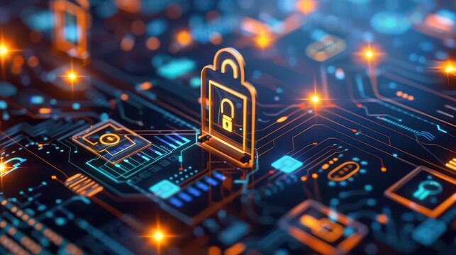 Data protection icons such as locks, shields, and firewalls