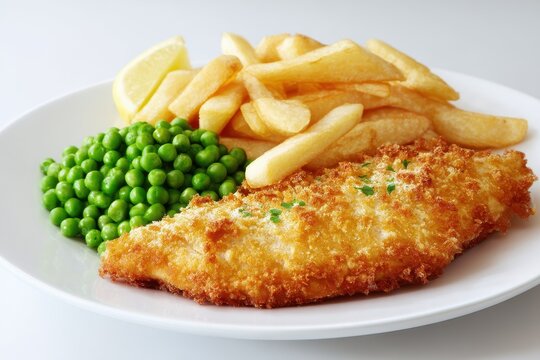 Battered cod fries and peas on a white plate