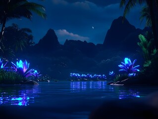 Enchanting nighttime serenity tropical lagoon digital art lush environment peaceful view fantasy concept