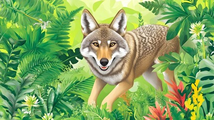 Cunning wolf in lush green jungle wildlife illustration nature scene vibrant colors