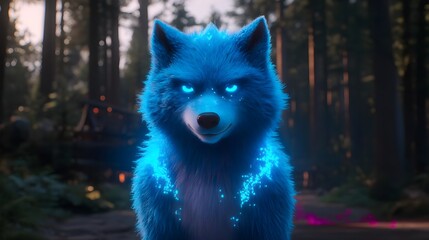Mystical blue wolf confrontation in enchanted forest digital art scene fantasy environment