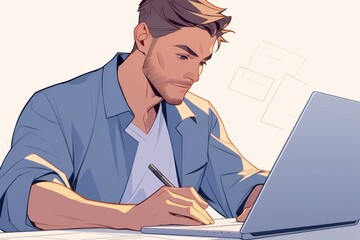 Focused man works on laptop, sketching ideas