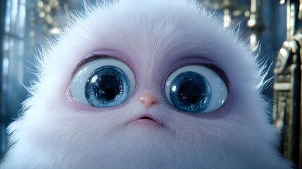 Adorable fluffy creature fantasy realm animation whimsical setting close-up cuteness concept