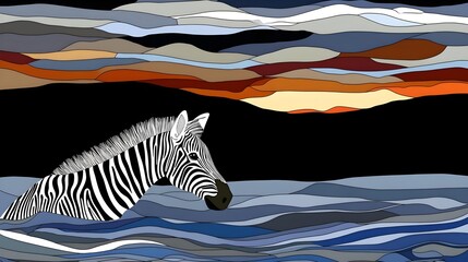 Zebra swimming in abstract waves serene landscape flat design art vibrant colors artistic view