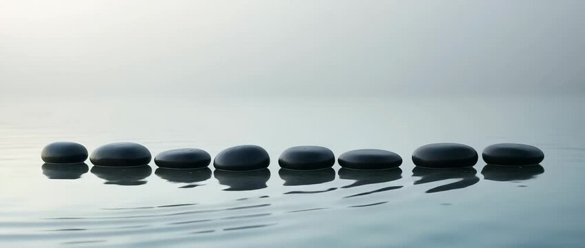 Tranquil Serenity: Smooth Black Stones in Harmonious Balance on Calm Water Surface