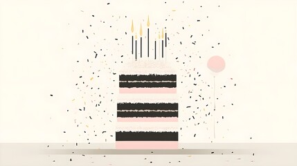 Celebration cake with candles festive party digital illustration minimalist style top view joyful concept
