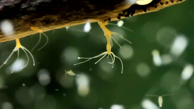 Hydra (Hydrozoa) capturing a Copepod using its stinging tentacles, slow motion, macro close-up.