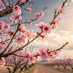 Obraz premium a tree with a pink flower that says spring