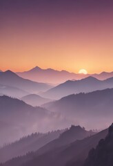 Ombre sunset sky over misty mountain range, soft gradient ,  calm,  fog