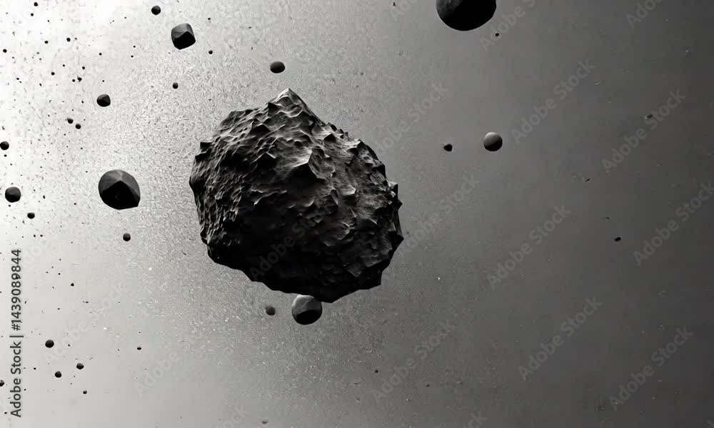 Poster a detailed view of a floating asteroid in space, surrounded by smaller celestial bodies and cosmic d