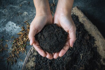 Bird s eye view of a woman s hand with compost in rich black soil symbolizing agriculture gardening and environmental conservation