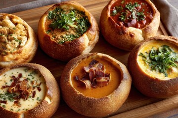 Bird s eye view of assorted delicious gourmet soups in bread bowls on a wooden table