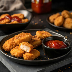 delicious chicken nuggets and ketchup in black plate