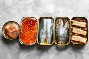 Bird s eye view of canned seafood tuna salmon roe sprats cod liver and mackerel on a pale stone backdrop