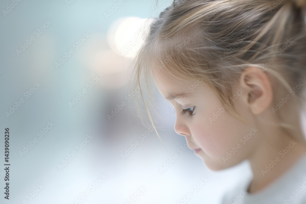 Poster child immersed in thought with soft blurred backdrop provides ample copy space for clean minimalisti