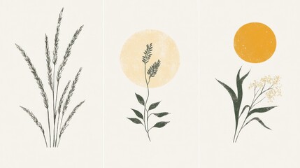 Minimalist botanical illustrations; nature, plants, art prints