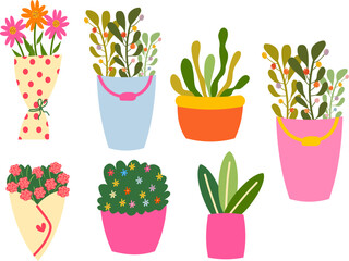 Set of Colorful Potted Plant Vector Illustration
