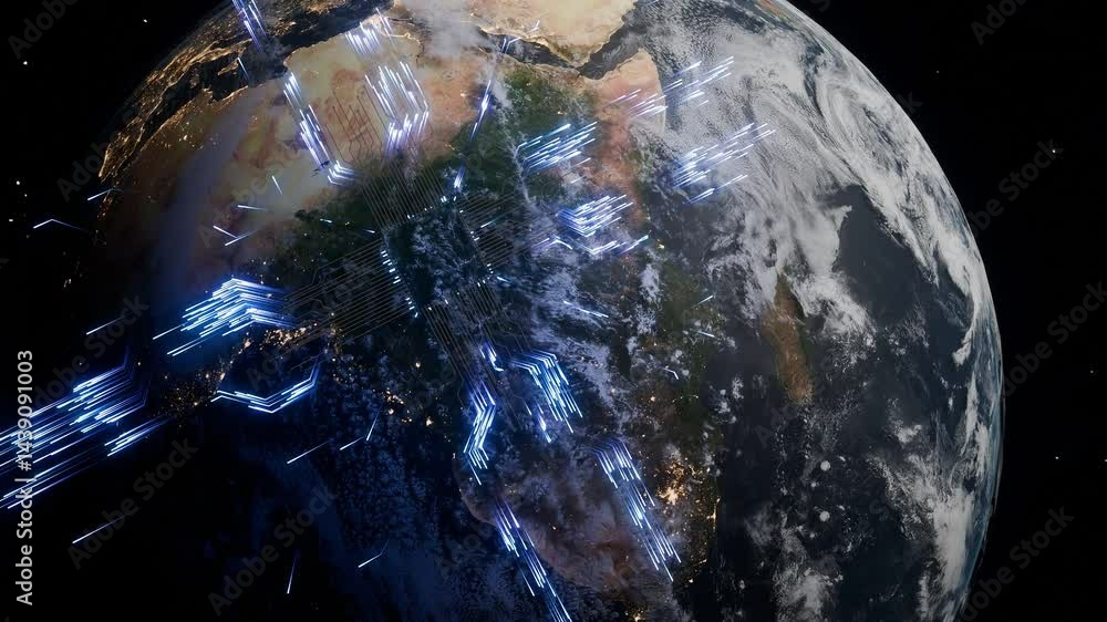 Aufkleber planet earth with visible central and west africa at night and glowing blue digital circuit arrows i