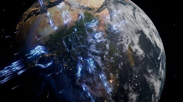 Planet Earth with visible Central and West Africa at night and glowing blue digital circuit arrows in outer space. 3D render symbolizing global data transmission, cyber communication