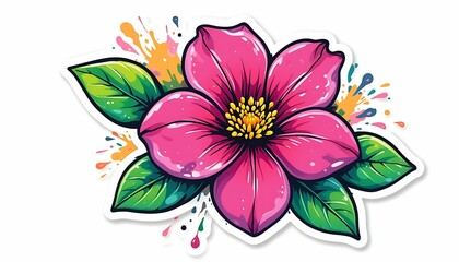 Pink Flower Illustration with Leaves and Splatter Graphics
