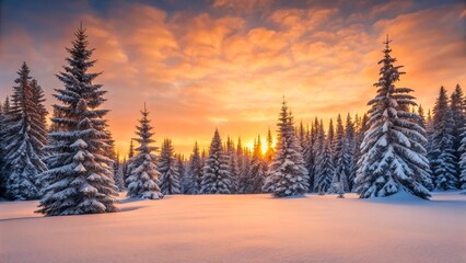 Serene Winter Landscape with Snow-Covered Trees and Vibrant Sunset Glow Over Horizon