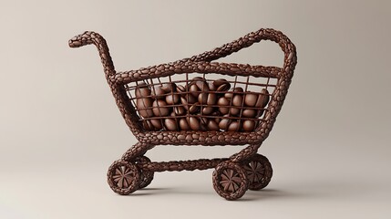 Creative shopping cart made of coffee beans on light background

