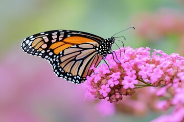 Fototapeta premium Monarch butterfly feasting nectar from pink buddleja flower in vibrant garden