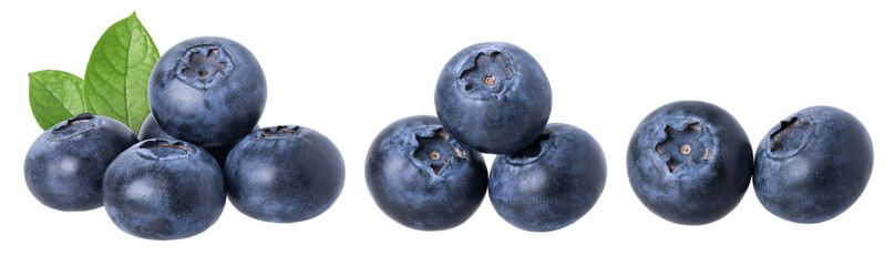 Blueberry pile with leaves isolated, transparent PNG, PNG format, cut out. Blueberry macro studio photo, collection