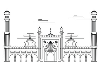 Vector illustration of large and wide mosque design, line drawing style, black and white color.