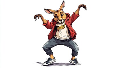 Dancing kangaroo cartoon character in casual wear.