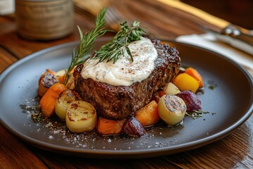 Roasted chuck steak with mayonnaise and fresh vegetable