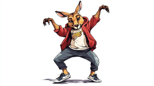 Dancing kangaroo cartoon character in casual wear.