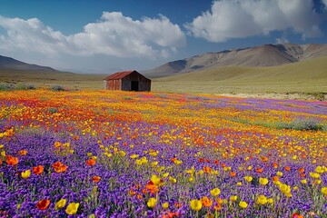 Vibrant Floral Meadow with Rustic Cabin Under a Expansive Sky Scenery