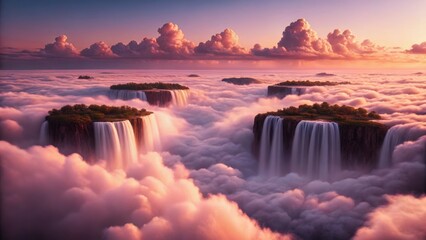 Fototapeta premium Majestic Waterfalls Cascading from Lush Islands Above Soft Clouds at Sunrise