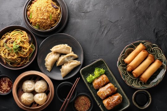 Chinese culinary dishes on a dark backdrop noodles rice dumplings Peking duck dim sum spring rolls Area for text Overhead perspective Chinese restaurant theme