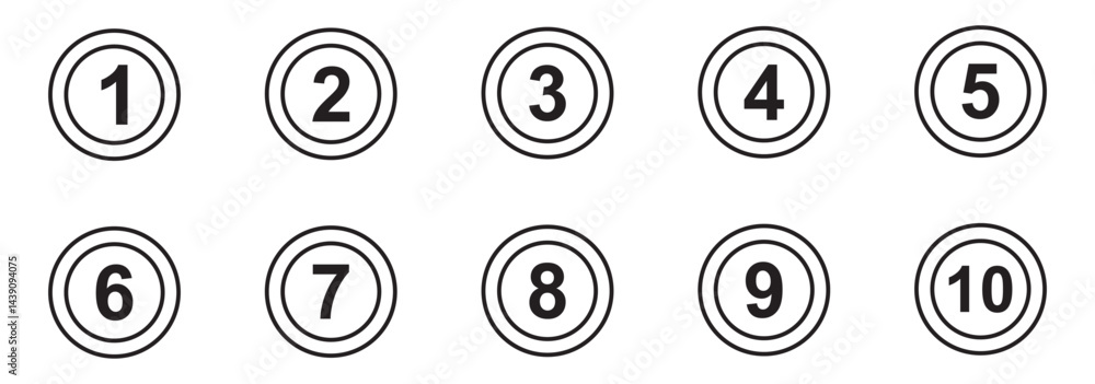 Poster set of 1 to 10 black number icon on outline circle vector illustration.