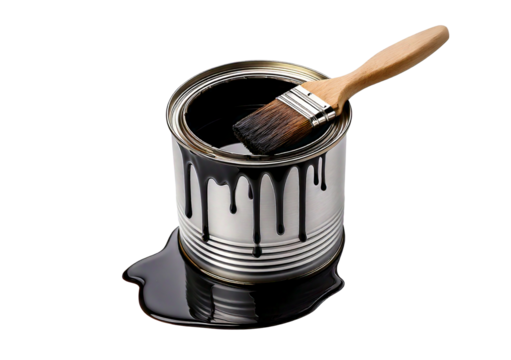 An open paint can and brush with Black paint dripping, isolated on transparent or white background - Powered by Adobe
