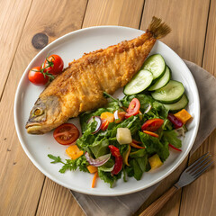 fried fish carp and fresh vegetable salad on wooden
