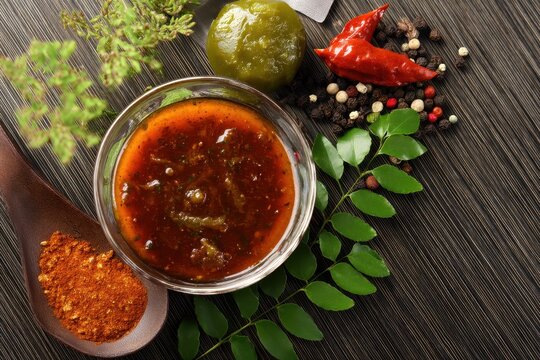 Chutney and pickles served in a dish showcased on a table with Indian spices