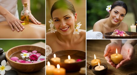 Wellness Retreat Collage Featuring Amber Oil Massage Woman's Blissful Smile Candles and Floral Accents in Soothing Harmony Perfect for Spa Promotions and Relaxation Guides