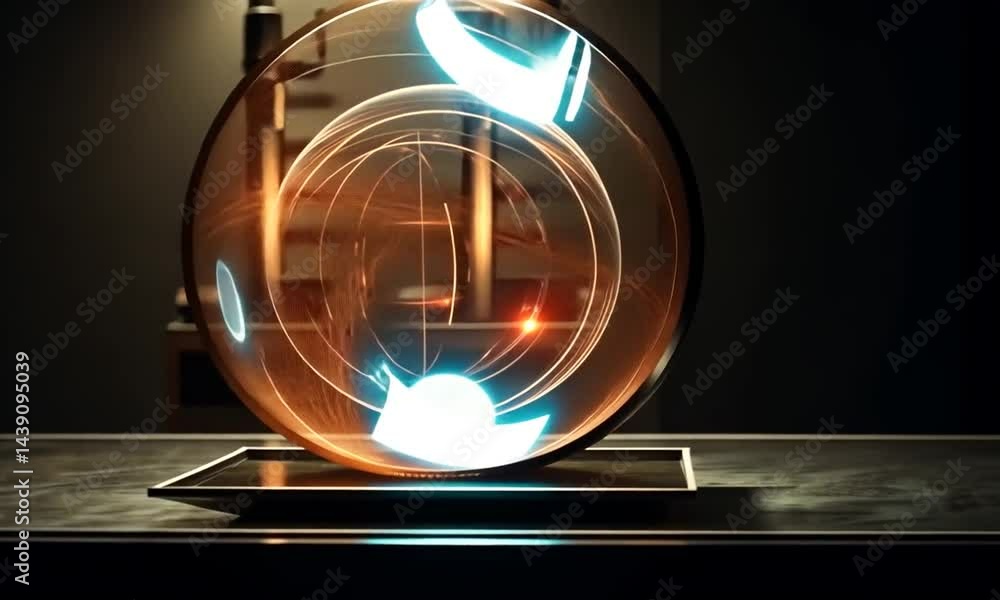 Poster a futuristic orb displaying dynamic light patterns on a sleek table in a modern interior