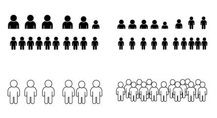 A collection of simple black and white icons representing individuals and groups of people in varying numbers and styles (solid and outline).